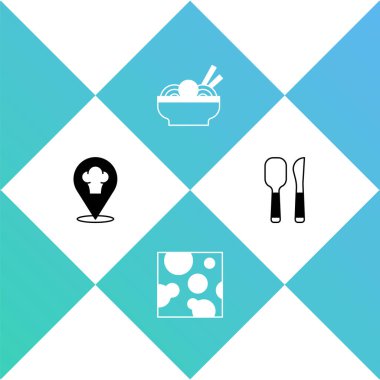 Set Chef hat with location, Cheese, Asian noodles in bowl and Knife and spoon icon. Vector