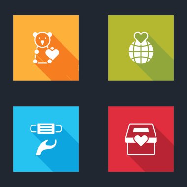 Set Donate child toys, Hand holding Earth globe, Medical protective mask and Donation charity icon. Vector