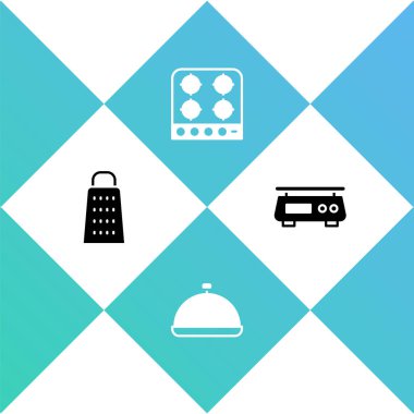Set Grater, Covered with tray of food, Gas stove and Electronic scales icon. Vector