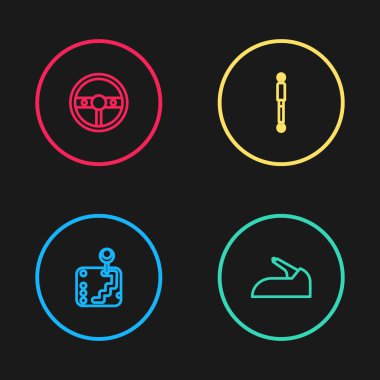 Set line Gear shifter, Car handbrake, Shock absorber and Steering wheel icon. Vector.