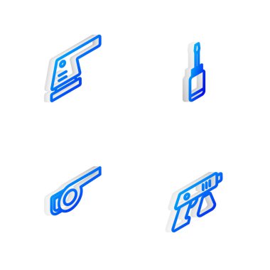 Set Isometric line Screwdriver, Electric sander, Leaf garden blower and Paint spray gun icon. Vector