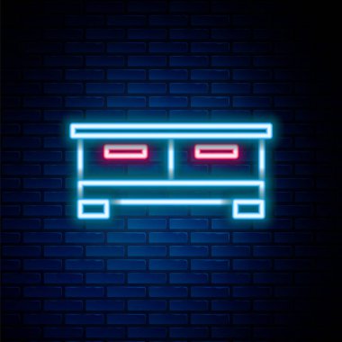 Parlayan neon çizgisi Çekmece Sandığı simgesi tuğla duvar arkasında izole edilmiş. Renkli taslak konsepti. Vektör