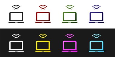 Kablosuz dizüstü bilgisayar simgesini siyah beyaz arkaplanda izole et. İnternet kavramının kablosuz bağlantısı. Vektör.