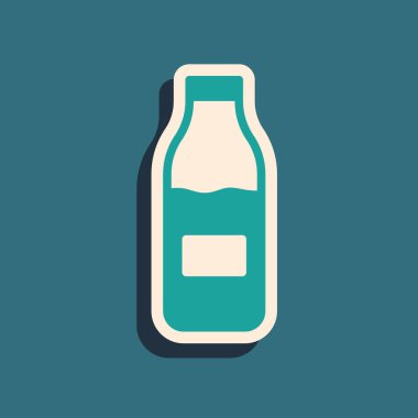 Yeşil arka planda izole edilmiş sütlü cam şişe. Uzun gölge tarzı. Vektör