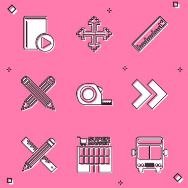 Set Audio book, Pixel arrows in four directions, Ruler, Crossed pencil, Roulette construction, Arrow, ruler and and Supermarket building icon. Vector