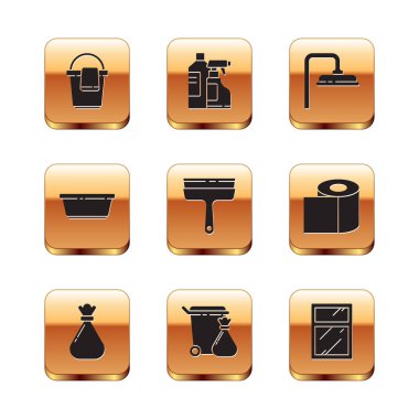 Set Bucket with rag, Garbage bag, Trash can and garbage, Rubber cleaner for windows, Plastic basin, Shower head, Cleaning service and Bottles cleaning agent icon. Vector