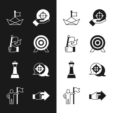 Set Target, Hand holding flag, Folded paper boat, Chess, with pointing finger and Man icon. Vector