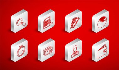 Set line Wallet, Document with search, Stacks paper money cash, Pie chart infographic, User of man business suit, Magnifying glass, Credit card and Stopwatch icon. Vector