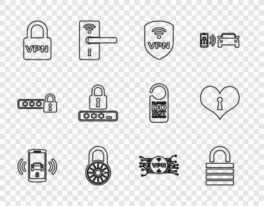 Set line Smart car alarm system, Lock, Shield with VPN wireless, Safe combination lock wheel, Password protection, microchip circuit and Heart keyhole icon. Vector