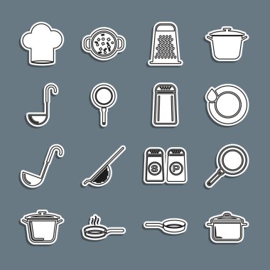 Set line Cooking pot, Frying pan, Washing dishes, Grater, Kitchen ladle, Chef hat and Salt and pepper icon. Vector