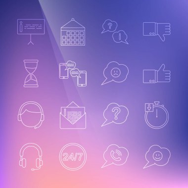 Set line Speech bubble with smile face, Stopwatch, Hand thumb up, Question Exclamation, Chat messages mobile, Hourglass, Information and sad icon. Vector