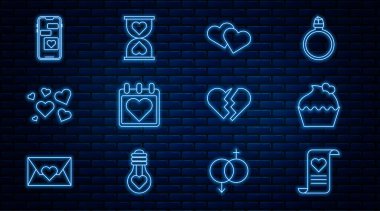 Set line Envelope with Valentine heart, Wedding cake, Heart, Calendar, Mobile, Broken and the center hourglass icon. Vector