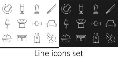 Set line Vitamin pill, Sport bag, Award cup, T-shirt with fight club MMA, Ringing bell, Tennis ball, Boxing belt and Punching icon. Vector