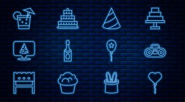 Set line Balloons in form of heart, Home stereo with two speakers, Party hat, Champagne bottle, Slice pizza, Cocktail, ribbon and Cake burning candles icon. Vector