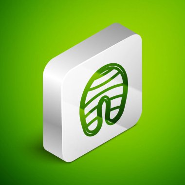 Isometric line Fish steak icon isolated on green background. Silver square button. Vector..