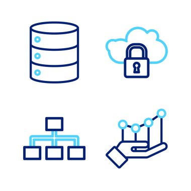 Set line Pie chart infographic, Hierarchy organogram, Cloud computing lock and Server, Data, Web Hosting icon. Vector