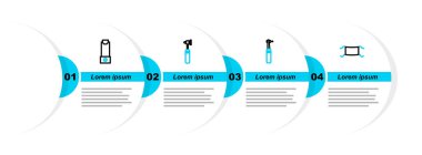 Set line Medical protective mask, Tooth drill, otoscope tool and Inhaler icon. Vector