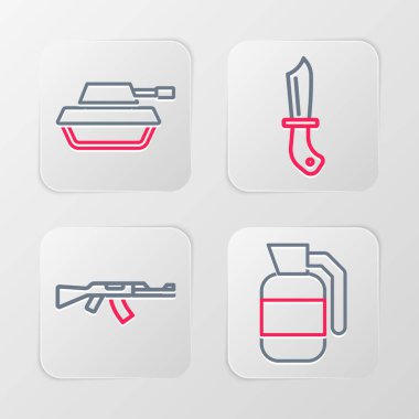 Set line Hand grenade, Submachine gun, Military knife and tank icon. Vector