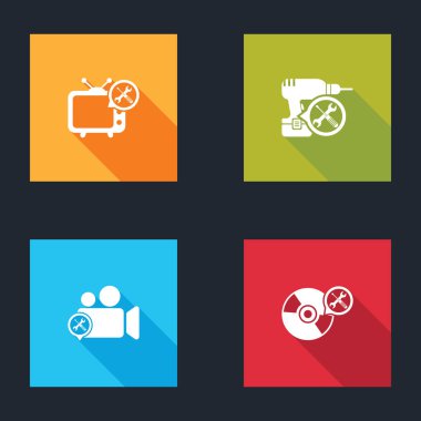 Set Tv service, Drill machine, Video camera and CD or DVD disk icon. Vector.