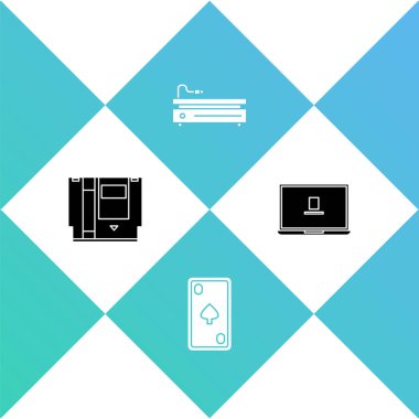 Set Cartridge, Playing card with diamonds, Video game console and Laptop icon. Vector.