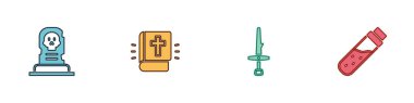 Set Grave with tombstone, Holy bible book, Dagger and Bottle potion icon. Vector
