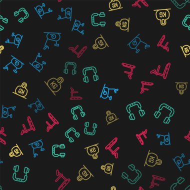 Set line Stationary bicycle, Headphones, Weight and Treadmill machine on seamless pattern. Vector