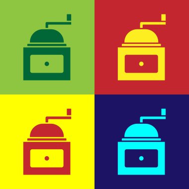 Pop Art Manuel kahve öğütücüsü simgesi renk arkaplanında izole edilmiş. Vektör.