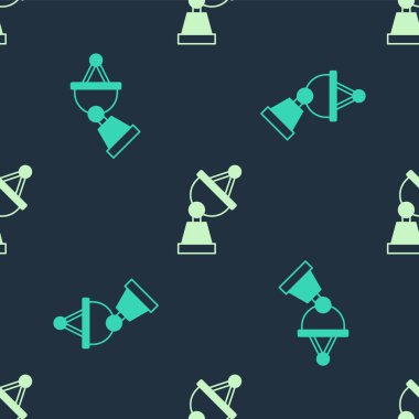 Yeşil ve bej uydu çanak ikonu mavi arkaplanda izole edilmiş pürüzsüz desen. Radyo anten, astronomi ve uzay araştırması. Vektör.