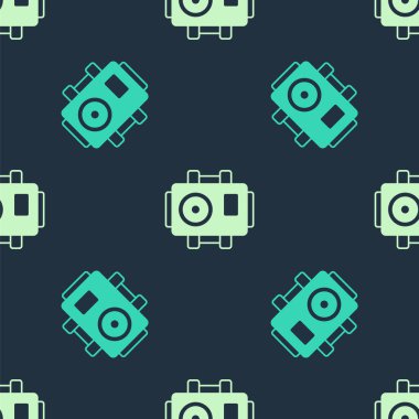 Dalgıç simgesi için yeşil ve bej fotoğraf makinesi mavi arkaplandaki kusursuz deseni izole etti. Fotoğraf makinesi simgesi. Su altı ekipmanları. Vektör.