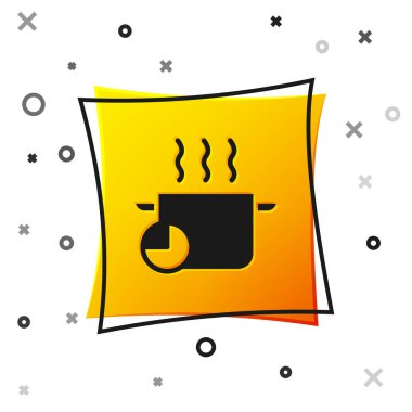 Black Cooking pot and kitchen timer icon isolated on white background. Boil or stew food symbol. Yellow square button. Vector.