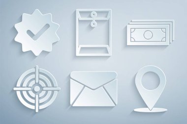 Set Envelope Stacks paper money cash Target sport Map pin and Approved and check mark icon. Vector.