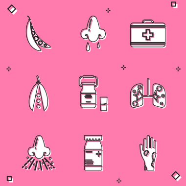 Set Kidney beans Runny nose First aid kit Can container for milk Lungs and Medicine bottle and pills icon. Vector.