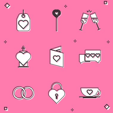 Set Heart tag Lollipop Glass of champagne Bottle with love potion Valentines day flyer heart Like and Wedding rings and Castle the shape icon. Vector.