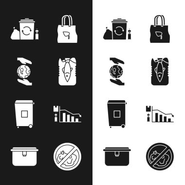 Set Stop ocean plastic pollution Hands holding Earth globe Recycle bin with recycle Shopping bag Trash can Ecology infographic No trash and Lunch box icon. Vector.