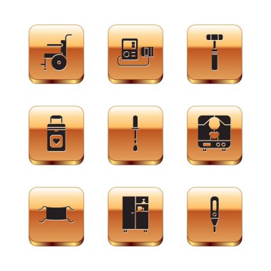 Set Wheelchair for disabled person Medical protective mask Medicine cabinet Pipette Organ container Neurology reflex hammer digital thermometer and Blood pressure icon. Vector.