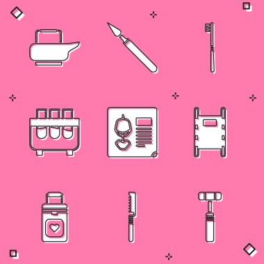 Set Bedpan Medical surgery scalpel Toothbrush Test tube and flask X-ray shots Stretcher Organ container and saw icon. Vector.
