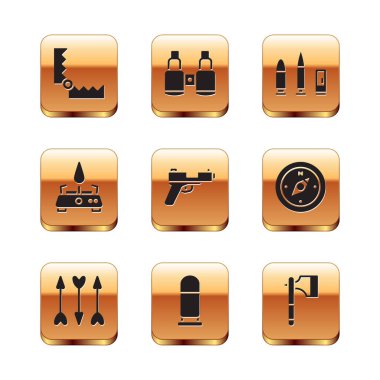 Set Trap hunting Hipster arrows Bullet Pistol or gun Camping gas stove and cartridge Wooden axe and Binoculars icon. Vector.