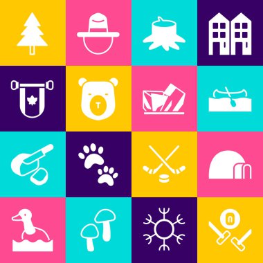 Set Curling sport game Igloo ice house Kayak canoe Tree stump Bear head Pennant Canada Christmas tree and Royal Ontario museum icon. Vector.