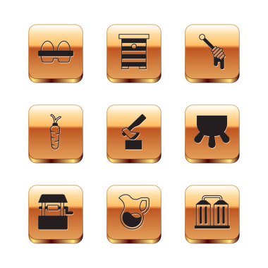 Set Chicken egg in box Well Jug glass with milk Wooden axe Carrot Honey dipper stick Granary and Hive for bees icon. Vector.