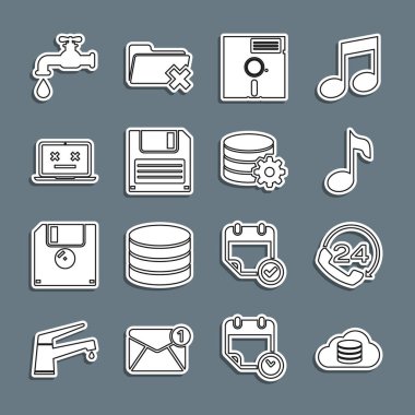 Set line Cloud database Telephone 24 hours support Music note tone Floppy disk in the 5.25-inch Dead laptop Water tap and Setting server icon. Vector.