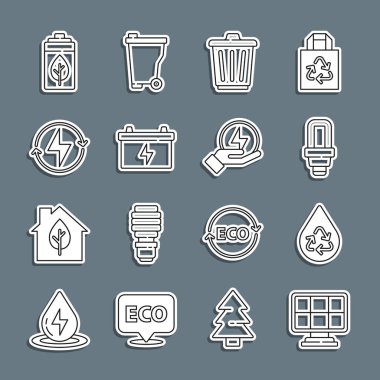 Set line Solar energy panel Recycle clean aqua LED light bulb Trash can Car battery Lightning bolt Eco nature leaf and and icon. Vector.