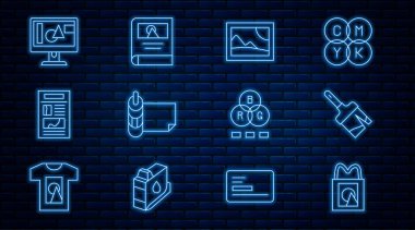 Set line Paper shopping bag Paint brush Picture landscape Roll of paper News Computer monitor screen RGB color mixing and Photo album gallery icon. Vector.