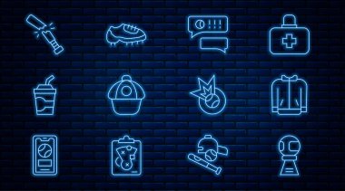 Set line Award cup with baseball ball Baseball t-shirt Speech bubble chat cap Paper glass water Broken bat and boot icon. Vector.