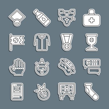 Set line Baseball sock Speech bubble chat baseball Award cup with Player chest protector t-shirt Flag field and Medal icon. Vector.