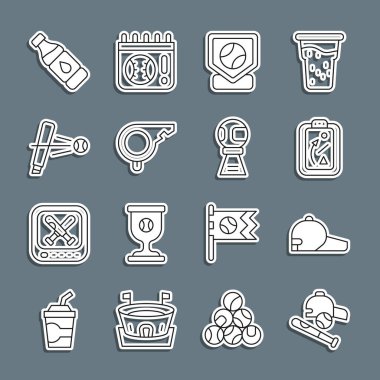 Set line Baseball bat with ball hat cap Planning strategy base Whistle Bottle of water and Award cup baseball icon. Vector.