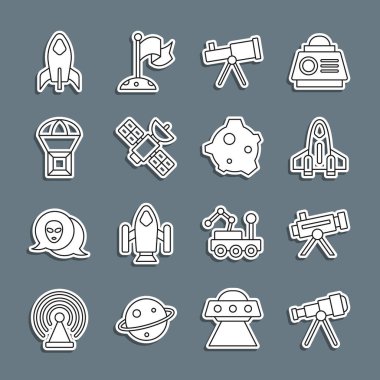 Set line Telescope Rocket ship Satellite Box flying on parachute and Asteroid icon. Vector.