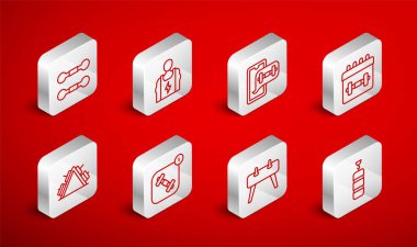 Set line Punching bag Bodybuilder Fitness app Calendar fitness Pommel horse Dumbbell and Metal rack with weight icon. Vector.