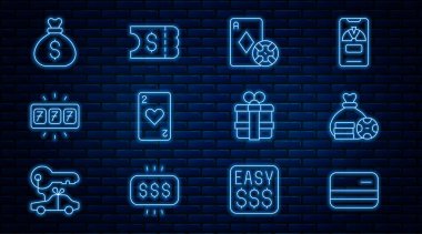 Set line Credit card Money bag Casino chip and playing cards Playing with heart Slot machine jackpot Gift box and Lottery ticket icon. Vector.