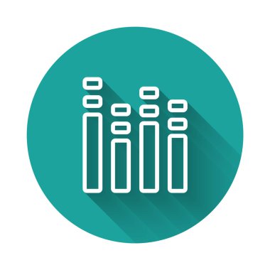 White line Music equalizer icon isolated with long shadow. Sound wave. Audio digital equalizer technology, console panel, pulse musical. Green circle button. Vector.