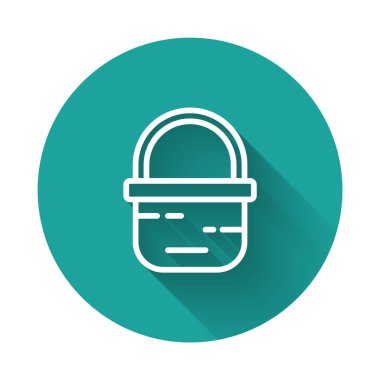 White line Basket icon isolated with long shadow background. Online buying concept. Delivery service sign. Shopping cart symbol. Green circle button. Vector.